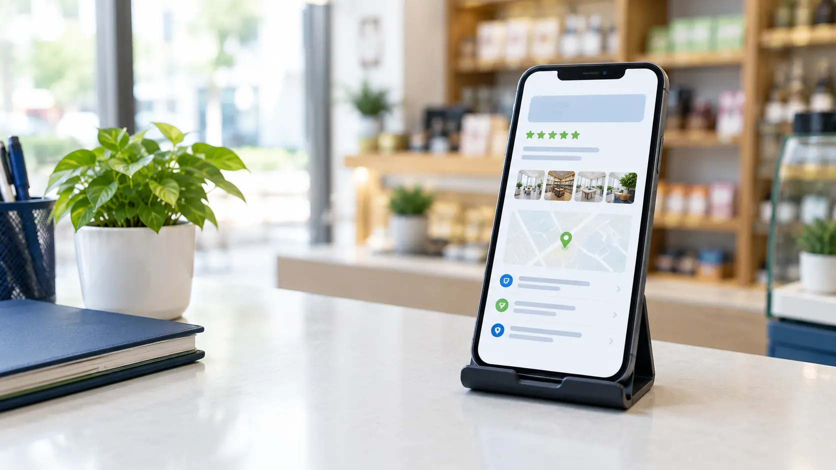 A local business listing with a map pin, photos and reviews on a phone