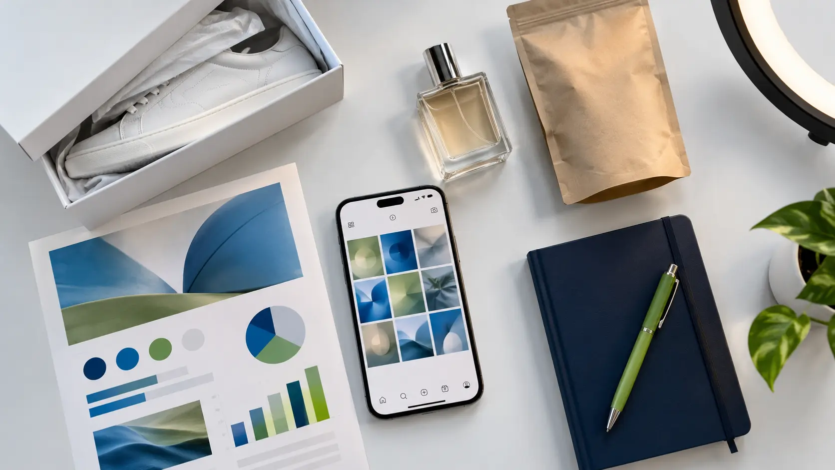 A creator's desk with product samples, a phone and a media kit
