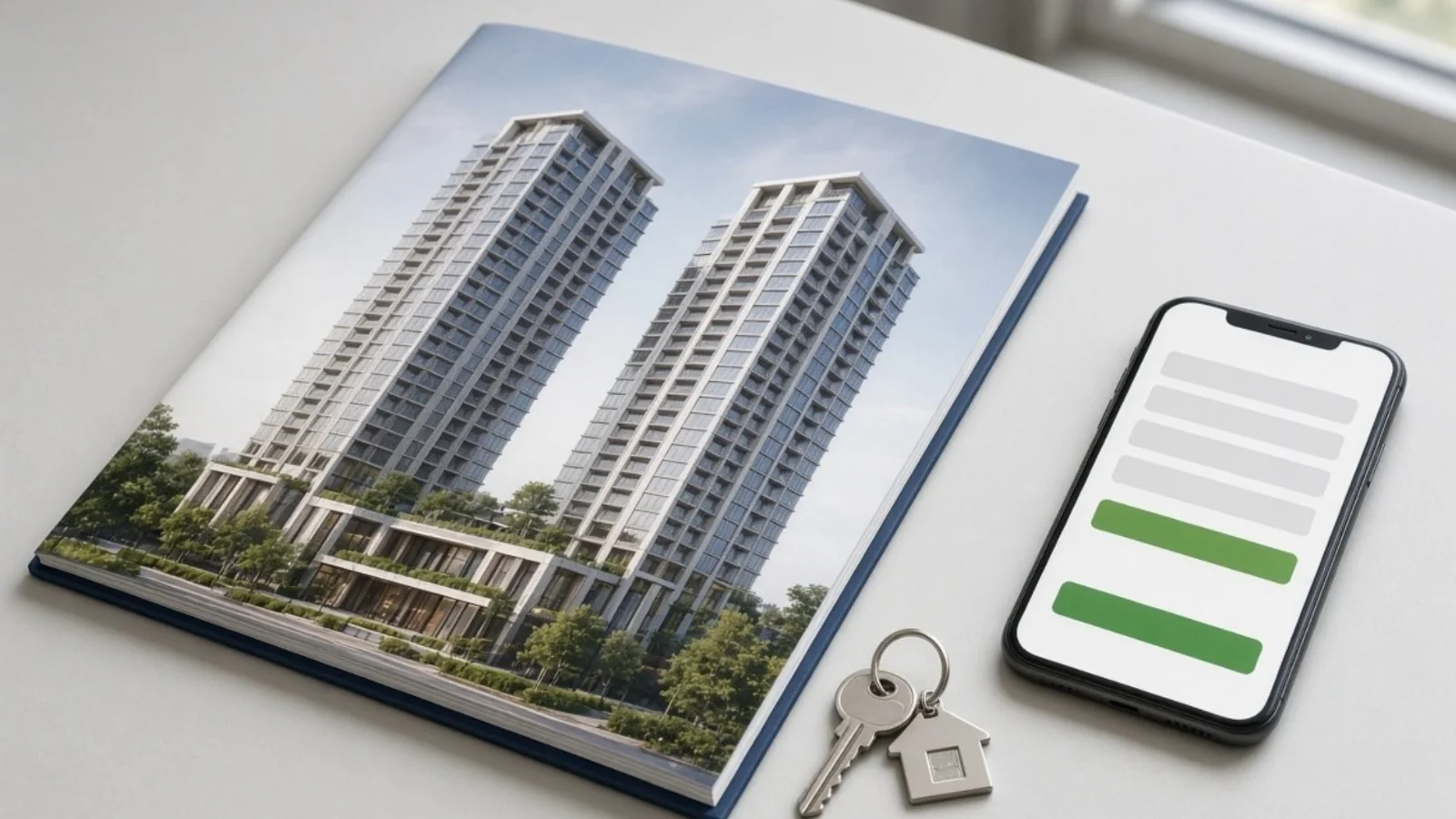 A residential project brochure beside a phone showing property ads