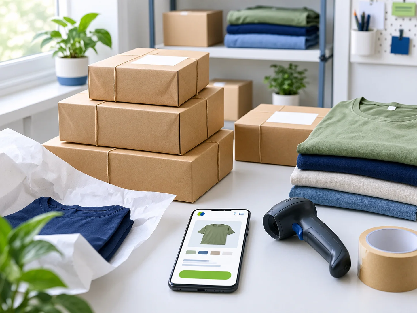 Online store product page on a phone next to packed orders
