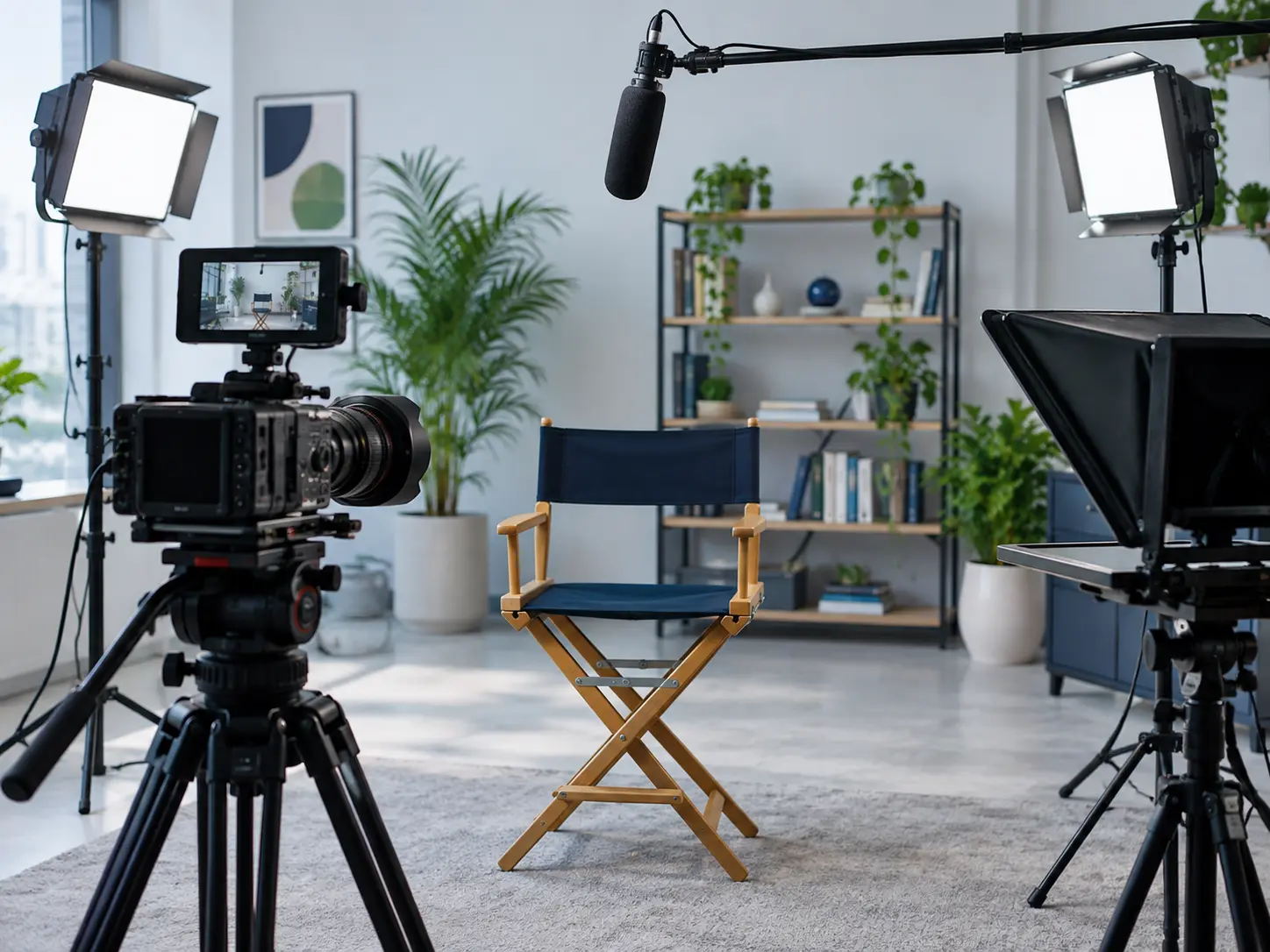 Camera, lights and a microphone set up for a YouTube shoot